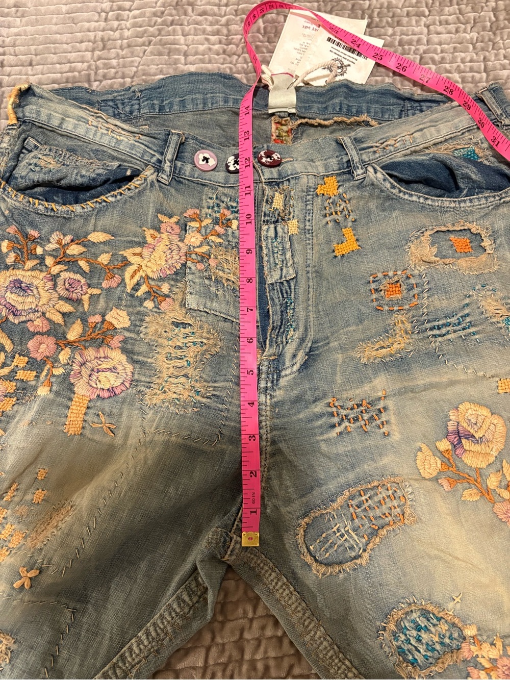 Magnolia Pearl Embroidered Patchwork Blue Jeans with Pink & Cream Florals - Picture 11 of 16